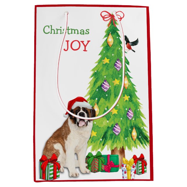 Saint Bernard Dog, Bird, and Christmas Tree Medium Medium Gift Bag (Front)