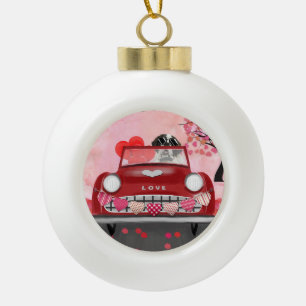 Saint Bernard Dog Car with Hearts Valentine's Ceramic Ball Christmas Ornament
