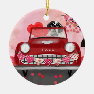 Saint Bernard Dog Car with Hearts Valentine's  Ceramic Tree Decoration