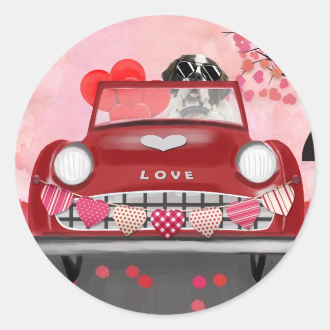 Saint Bernard Dog Car with Hearts Valentine's  Classic Round Sticker (Front)