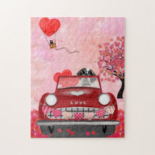 Saint Bernard Dog Car with Hearts Valentine's  Jigsaw Puzzle