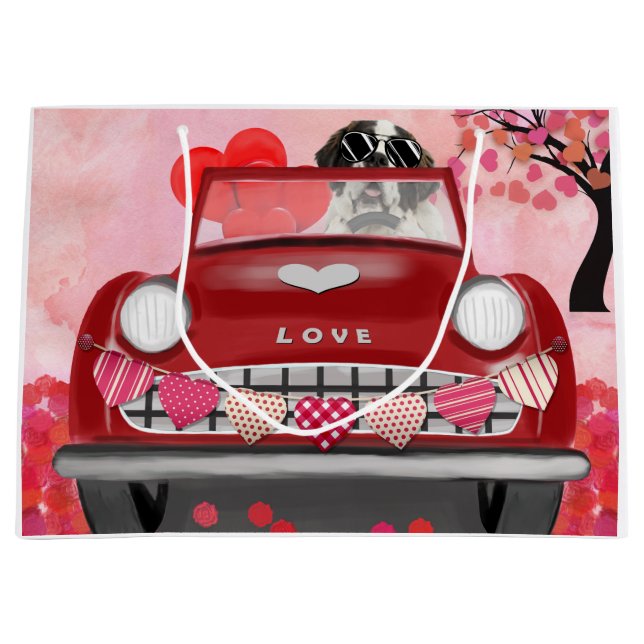 Saint Bernard Dog Car with Hearts Valentine's  Large Gift Bag (Front)