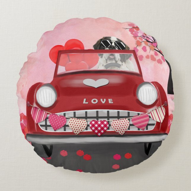 Saint Bernard Dog Car with Hearts Valentine's  Round Cushion (Front)