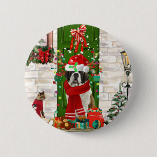 Saint Bernard Dog Christmas   6 Cm Round Badge