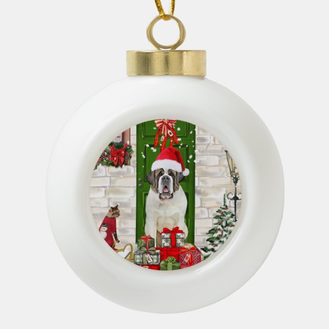 Saint Bernard Dog Christmas  Ceramic Ball Christmas Ornament (Front)