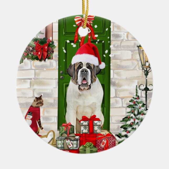 Saint Bernard Dog Christmas  Ceramic Tree Decoration (Front)