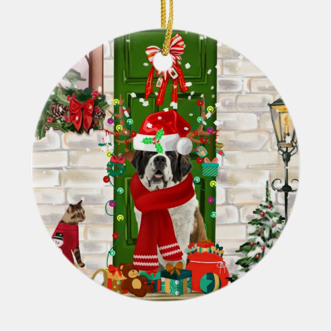 Saint Bernard Dog Christmas   Ceramic Tree Decoration (Front)