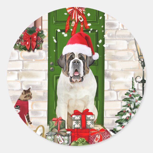Saint Bernard Dog Christmas  Classic Round Sticker (Front)