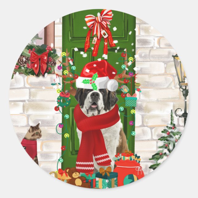 Saint Bernard Dog Christmas   Classic Round Sticker (Front)