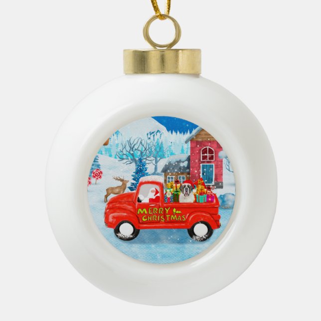 Saint Bernard Dog Christmas Delivery Truck Snow Ceramic Ball Christmas Ornament (Front)