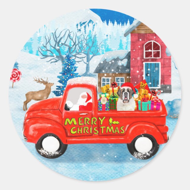 Saint Bernard Dog Christmas Delivery Truck Snow Classic Round Sticker (Front)