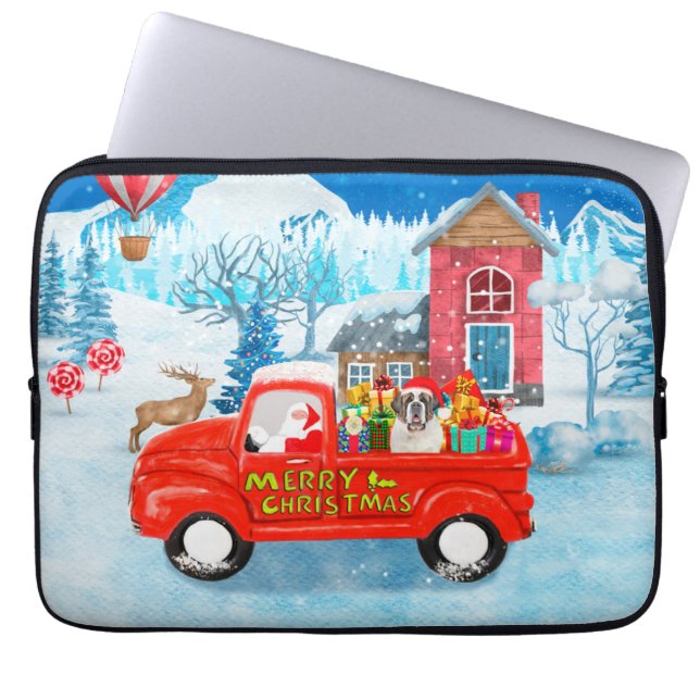 Saint Bernard Dog Christmas Delivery Truck Snow Laptop Sleeve (Front)
