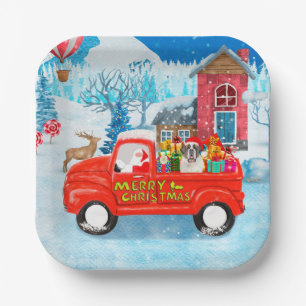 Saint Bernard Dog Christmas Delivery Truck Snow Paper Plate