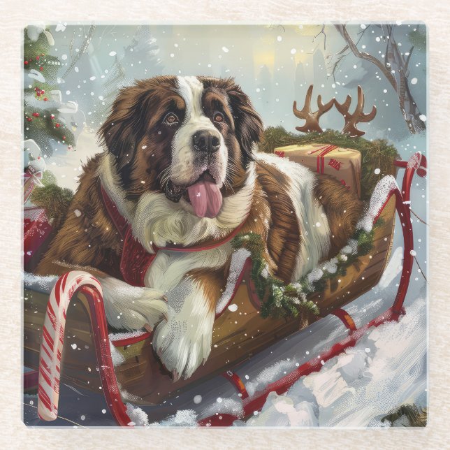 Saint Bernard Dog Christmas Festive  Glass Coaster (Front)