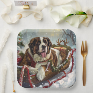 Saint Bernard Dog Christmas Festive  Paper Plate