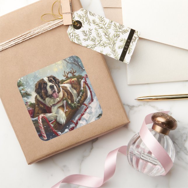 Saint Bernard Dog Christmas Festive  Square Sticker (Gifting)