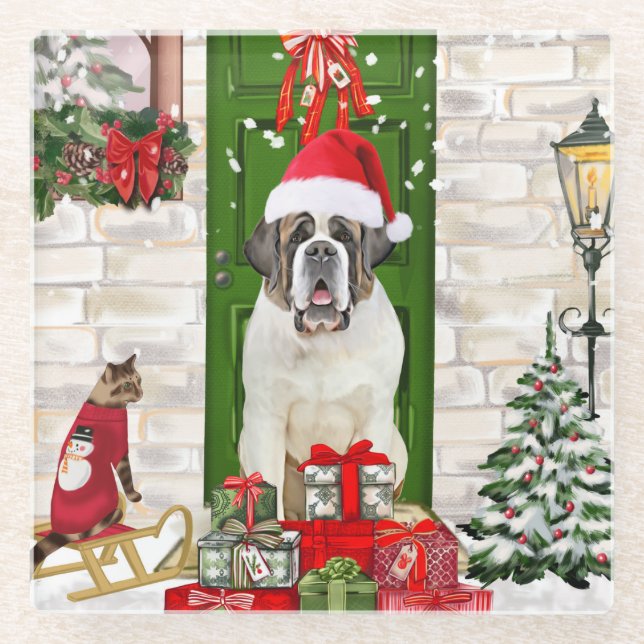 Saint Bernard Dog Christmas  Glass Coaster (Front)