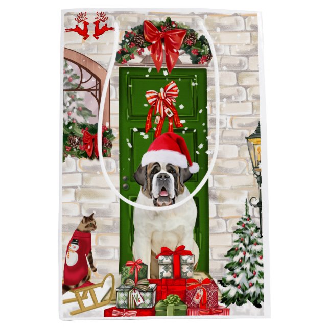 Saint Bernard Dog Christmas  Medium Gift Bag (Front)