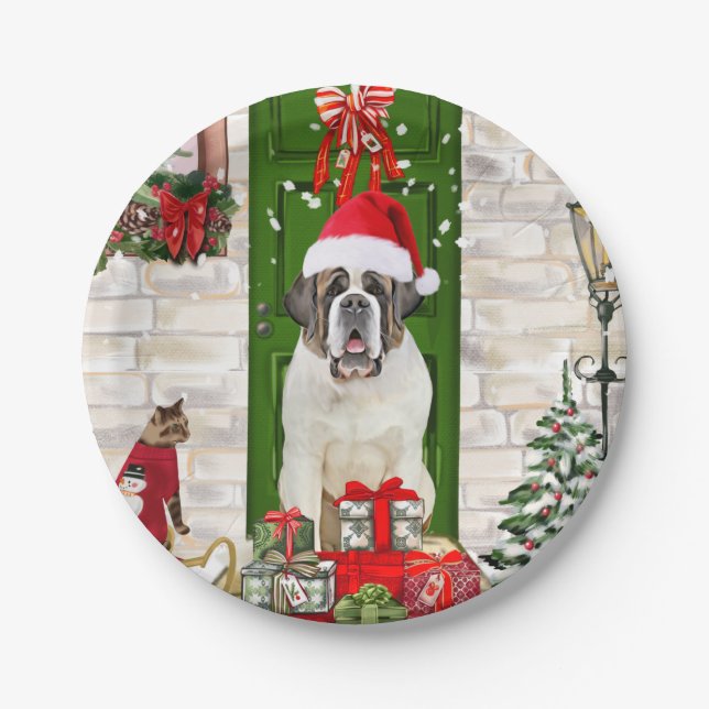 Saint Bernard Dog Christmas  Paper Plate (Front)