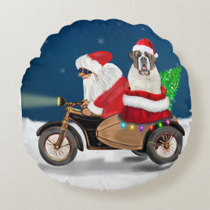 Saint Bernard Dog Christmas Santa Claus  Round Cushion