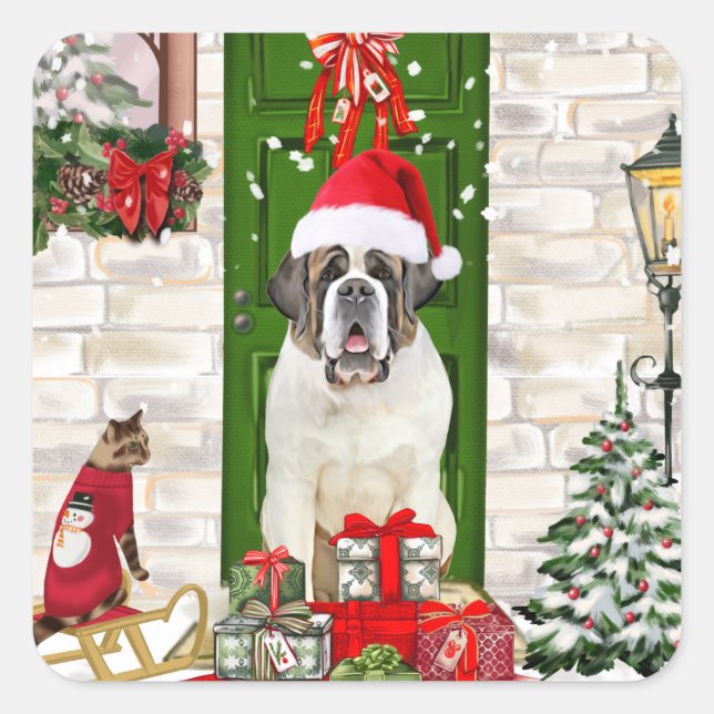 Saint Bernard Dog Christmas  Square Sticker (Front)