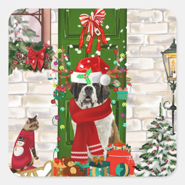 Saint Bernard Dog Christmas   Square Sticker (Front)