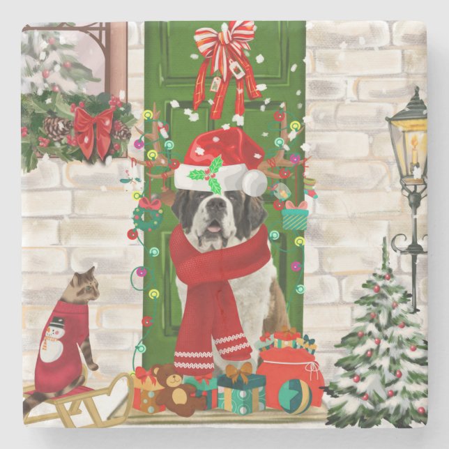 Saint Bernard Dog Christmas   Stone Coaster (Front)