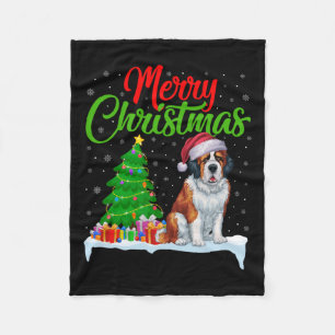 Saint Bernard Dog Christmas Tree Lights Funny Xmas Fleece Blanket
