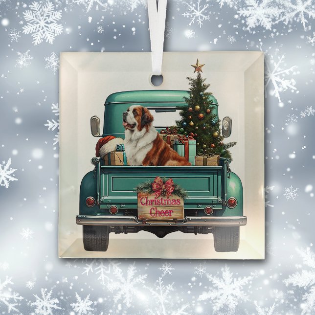 Saint Bernard Dog Farm Truck Christmas Glass Tree Decoration (Creator Uploaded)
