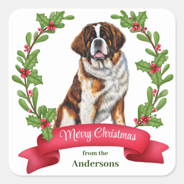 Saint Bernard Dog Holly Banner Christmas Square Sticker (Front)