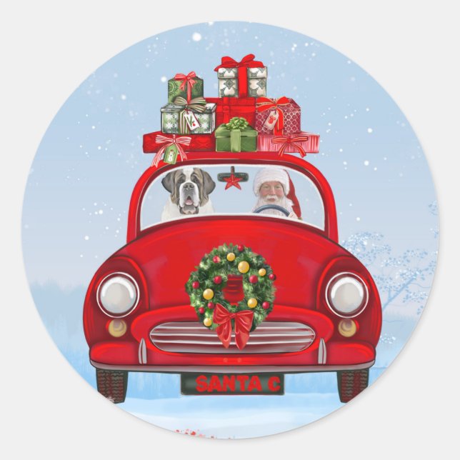 Saint Bernard Dog In Car With Santa Claus Classic Round Sticker (Front)