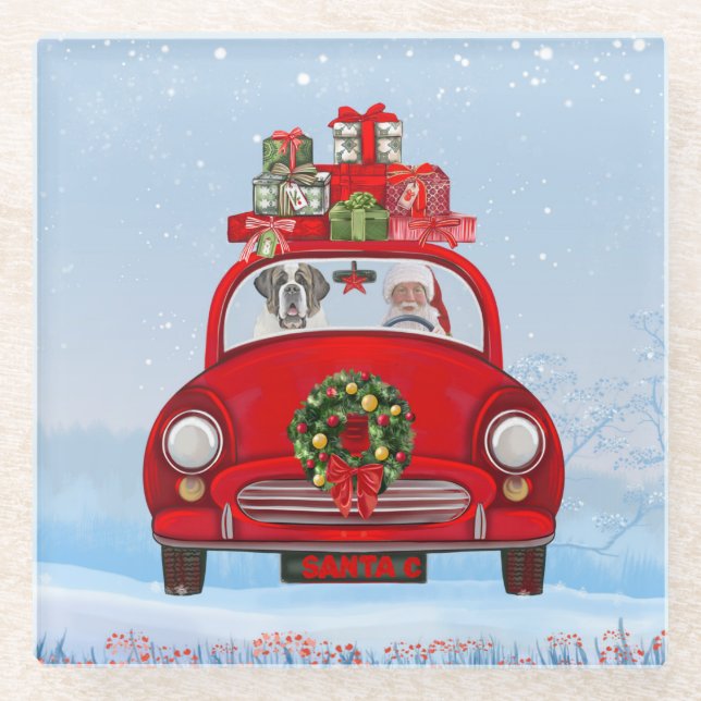 Saint Bernard Dog In Car With Santa Claus Glass Coaster (Front)