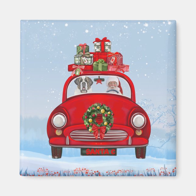 Saint Bernard Dog In Car With Santa Claus  Magnet (Front)