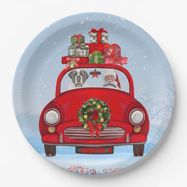 Saint Bernard Dog In Car With Santa Claus Paper Plate (Front)