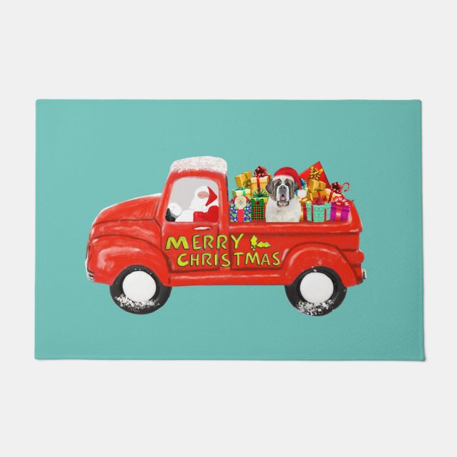 Saint Bernard Dog in Christmas Delivery Truck Doormat (Front)
