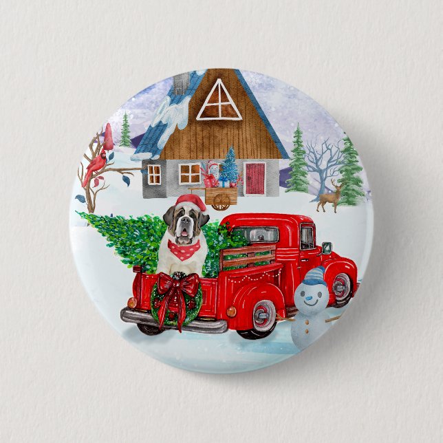 Saint Bernard Dog In Christmas Delivery Truck Snow 6 Cm Round Badge (Front)