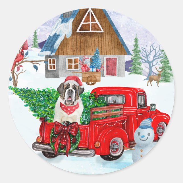 Saint Bernard Dog In Christmas Delivery Truck Snow Classic Round Sticker (Front)