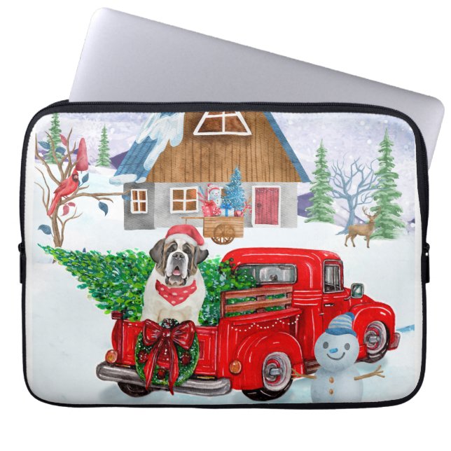 Saint Bernard Dog In Christmas Delivery Truck Snow Laptop Sleeve (Front)