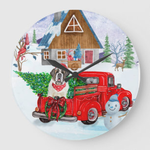 Saint Bernard Dog In Christmas Delivery Truck Snow Large Clock