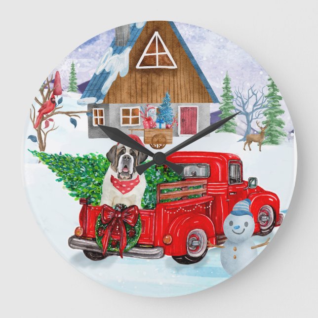 Saint Bernard Dog In Christmas Delivery Truck Snow Large Clock (Front)