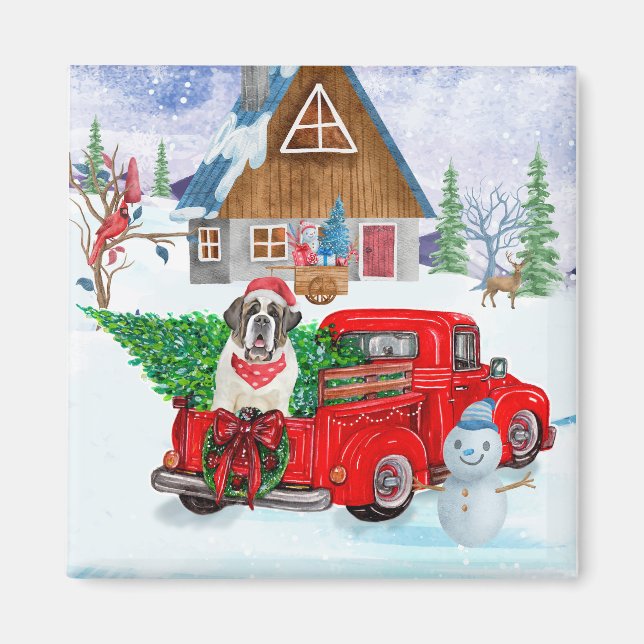 Saint Bernard Dog In Christmas Delivery Truck Snow Magnet (Front)