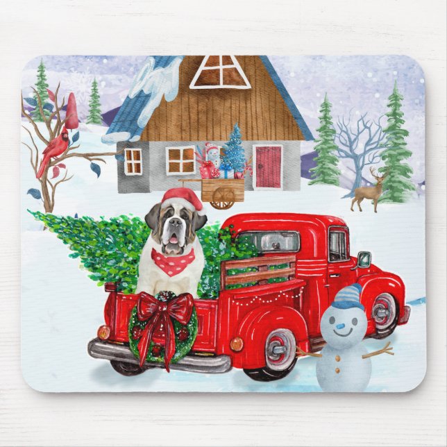 Saint Bernard Dog In Christmas Delivery Truck Snow Mouse Mat (Front)