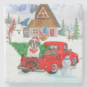 Saint Bernard Dog In Christmas Delivery Truck Snow Stone Coaster