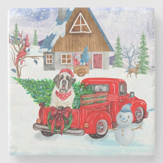 Saint Bernard Dog In Christmas Delivery Truck Snow Stone Coaster (Front)