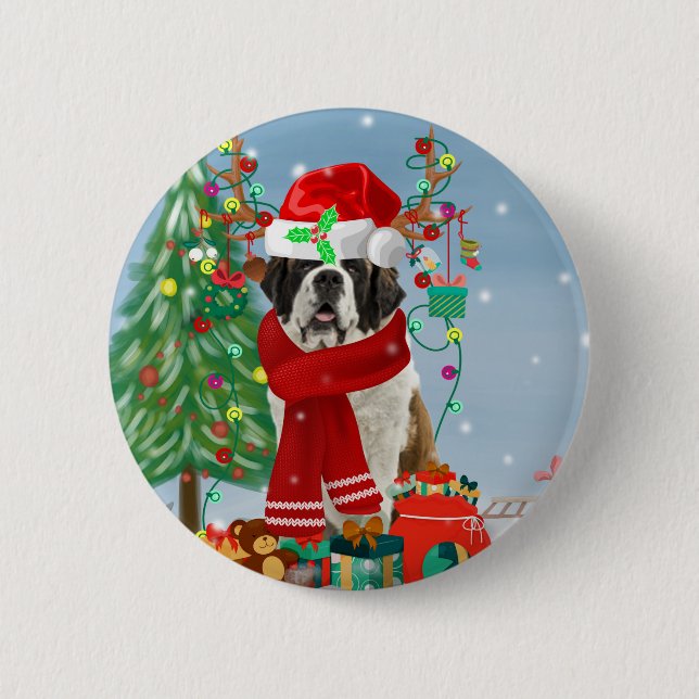 Saint Bernard  Dog in Snow Christmas  6 Cm Round Badge (Front)