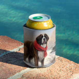 Saint Bernard Dog in Snow Christmas Can Cooler