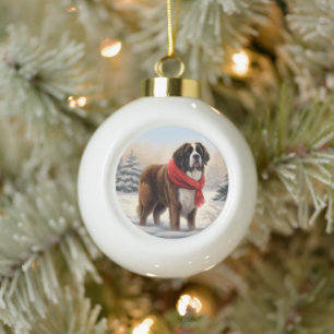 Saint Bernard Dog in Snow Christmas  Ceramic Ball Christmas Ornament