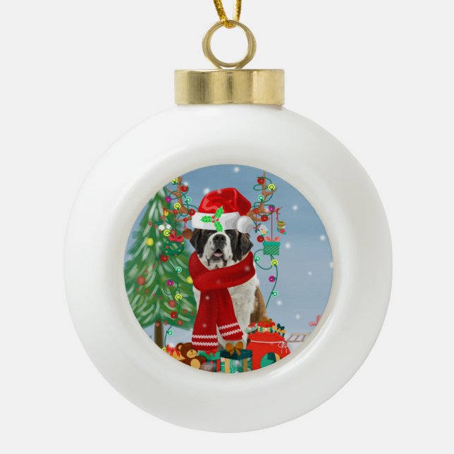 Saint Bernard  Dog in Snow Christmas  Ceramic Ball Christmas Ornament (Front)
