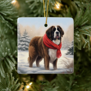 Saint Bernard Dog in Snow Christmas  Ceramic Ornament
