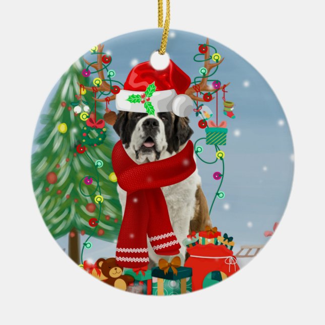 Saint Bernard  Dog in Snow Christmas  Ceramic Tree Decoration (Front)
